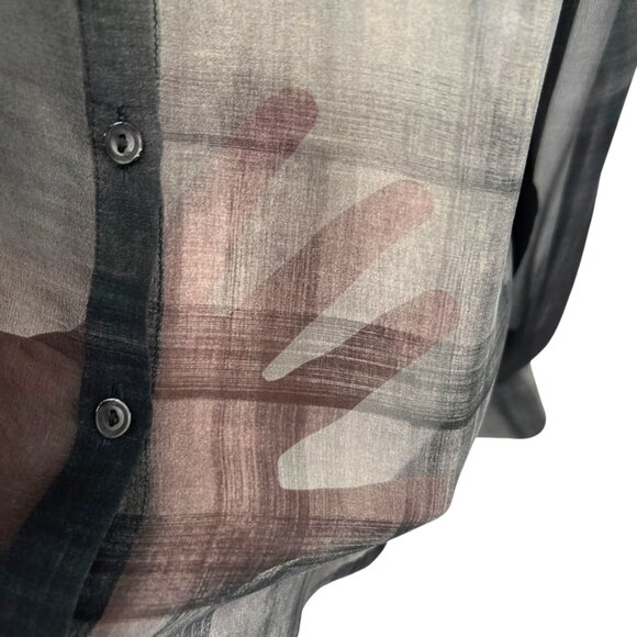 Eileen Fisher Sheer Printed Black Silk Button-Up Blouse Size Small - Picture 8 of 12